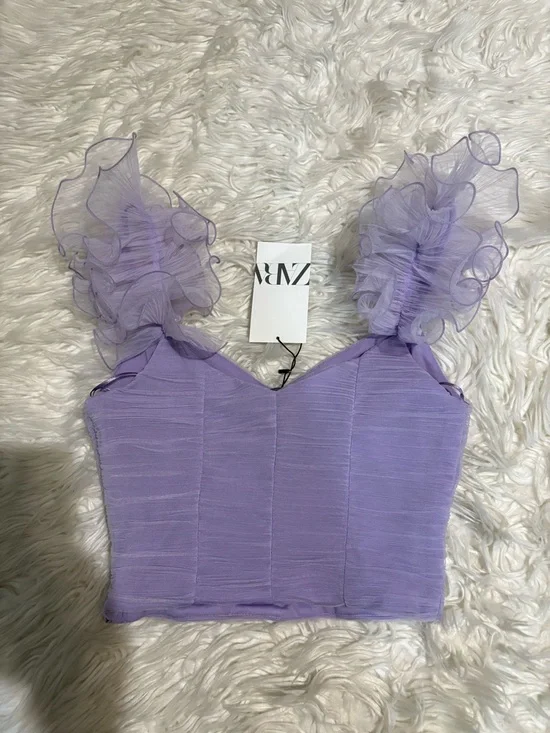 Zara Lilac Tulle Ruffle Strap Ruched Crop Top - Picture 3 of 10
